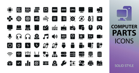 Personal computer parts solid icons. Set of pc components - cpu, motherboard, ram, ssd, hdd, cooling system, power supply, accessories vector symbols.