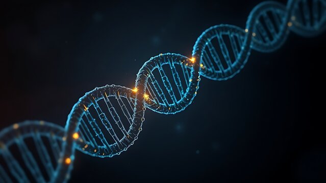 Dark DNA strands glowing under artificial light, revealing intricate hidden patterns.