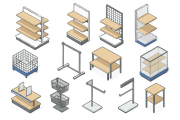 Isometric set of commercial retail store display fixtures including shelves, racks, and baskets © Andrei