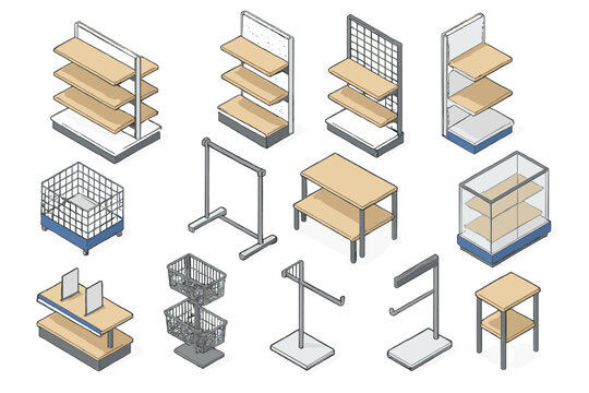 Isometric set of commercial retail store display fixtures including shelves, racks, and baskets