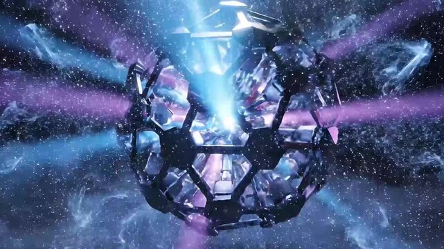 An intricate, futuristic crystalline sphere glows intensely, emitting vibrant blue and purple light beams into a dark, ethereal space filled with abstract energy particles. This powerful geometric obj