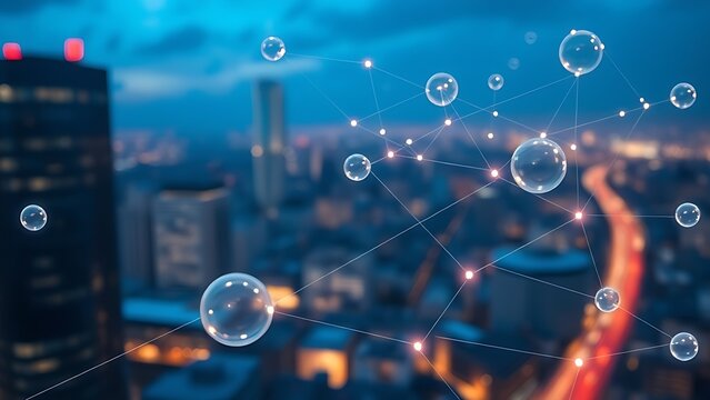 Floating translucent spheres connected by glowing lines, symbolizing global business networks.
