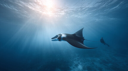 Obraz premium A stunning underwater view capturing a diver with a majestic manta ray, sunbeams cutting through clear blue water. Evokes freedom and adventure. Perfect for travel, conservation themes.