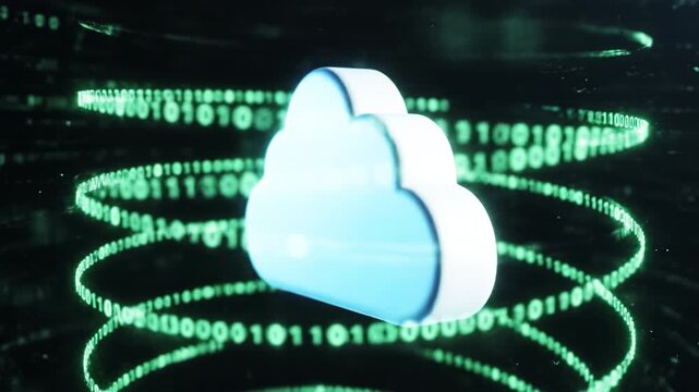 Cloud computing technology revolutionizes data storage and management via virtual servers, showcasing digital innovation and connectivity through binary code in modern digital landscapes