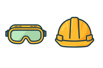 Yellow hard hat and protective safety goggles personal protective equipment set