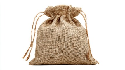 Burlap sack on white background, drawstring detail. AI image