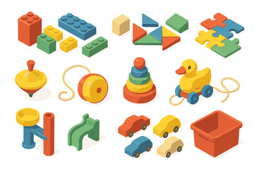 Colorful isometric set of classic children's toys including building blocks, puzzle pieces, cars, and a stacking ring