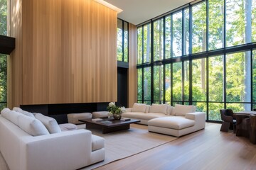 Fototapeta premium Modern living room with large windows showcasing a serene forest view, inviting natural light inside