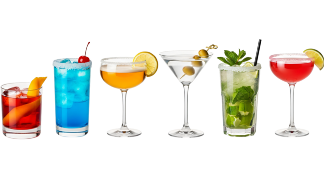 Assortment of six colorful cocktails with garnishes and ice isolated on transparent background
