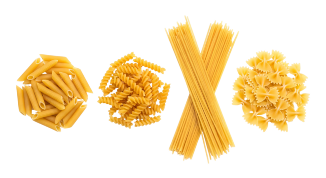 Four types of uncooked pasta including penne, fusilli, spaghetti, and farfalle isolated on transparent background