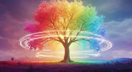 Vibrant rainbow tree radiating energy and light in a magical meadow, symbolizing growth, diversity, and positive transformation under a dramatic sky
