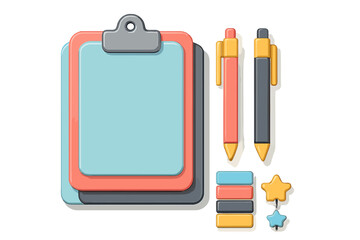 Stylized clipboard with writing pens and colorful sticky notes for organization and planning