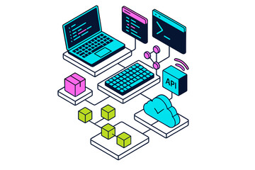 Modern isometric concept showing software development, data flow, API connection, and cloud infrastructure