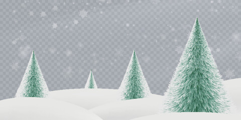 Naklejka premium Winter landscape with fluffy fir trees on snowdrifts and falling snowflakes on a transparent background.