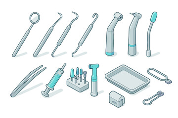 Isometric collection of professional dental instruments and tools for oral hygiene and medical procedures