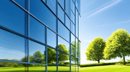 Modern glass building reflecting clear blue sky and lush green trees in a serene outdoor setting