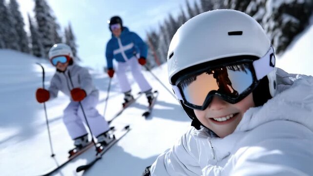 Smiling child wearing ski helmet and goggles enjoying skiing with family on a beautiful sunny day on a snowy mountain slope, capturing the joy and excitement of winter sports