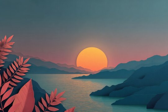 Colorful heart shaped leaves are set against a golden sunset and a peaceful mountain lake landscape - Powered by Adobe