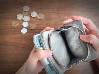 Empty wallet and few Japanese coins on wooden table – concept of financial hardship and saving money