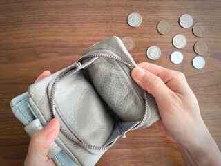 Empty purse and scattered coins – personal finance crisis and money shortage