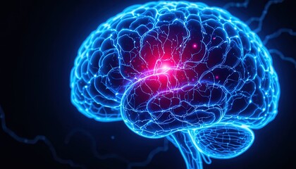Fototapeta premium Stunning brain illustration with neural activity and glowing synapses, perfect for medical research, AI, and science projects needing a modern visual