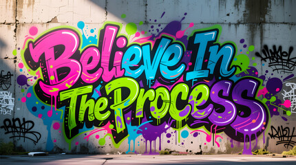 Bold, colorful graffiti text reading "Believe In The Process" on a weathered urban wall.