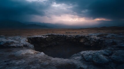 Fototapeta premium A dramatic barren landscape features a deep crater under a stormy light streaked sky