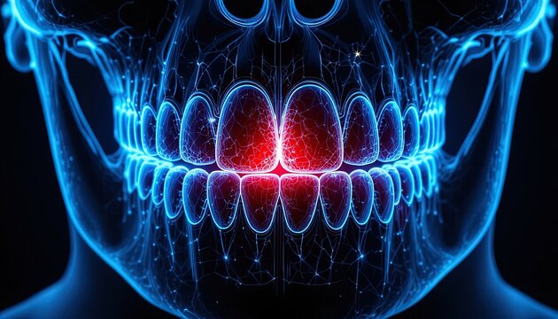 Stunning digital human skull with glowing red teeth, perfect for medical design, futuristic technology, or scary Halloween concepts that stand out