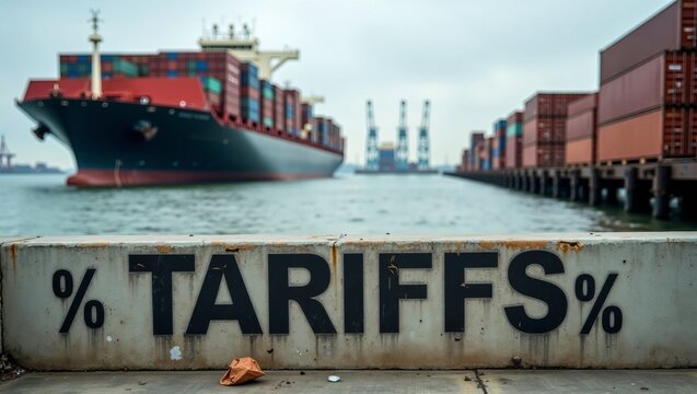Tariffs and international trade war concept showing import tax effects on global shipping with cargo container ship in port - Powered by Adobe