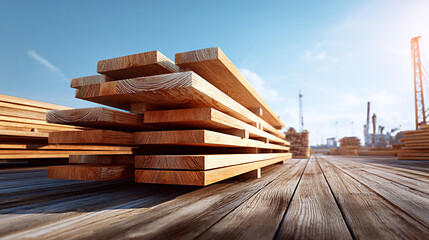 Stacks of lumber planks at a construction site under bright sunlight, showcasing natural wood textures and organized materials for building projects
