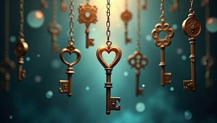 Opportunity, choice, and finding the key to success or love. A glowing heart shaped antique key hangs among others