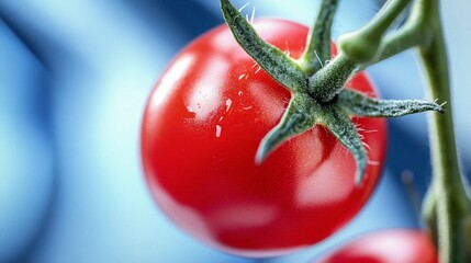 Close-up of a fresh, ripe red cherry tomato with water droplets on its green vine against a soft