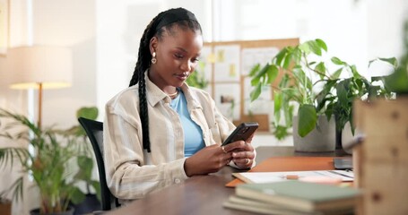 Phone, happy and black woman in office with networking for sustainable business feedback. Smile, connectivity and African female conservation worker with cellphone for communication with client. - Powered by Adobe