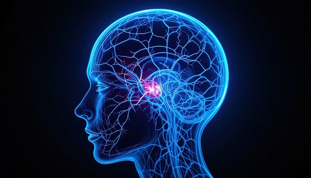 Stunning 3D rendering of human brain activity with glowing neural pathways, ideal for medical research and neuroscience presentations showcasing innovative treatments