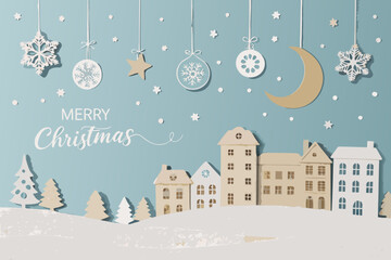 Fototapeta premium Merry Christmas greeting card with a winter snowy landscape. Vector illustration of paper-cut style trees and cozy houses, snowflakes, and spruces. This design is ideal for banners, flyers, invitation