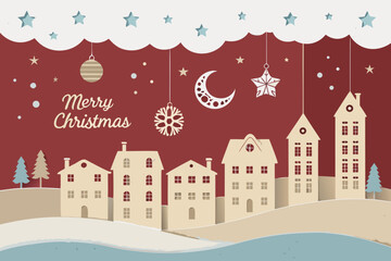 Obraz premium Merry Christmas greeting card with a winter snowy landscape. Vector illustration of paper-cut style trees and cozy houses, snowflakes, and spruces. This design is ideal for banners, flyers, invitation