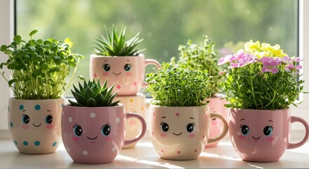Charming collection of potted plants in cute character mugs bringing vibrant life and joy to a sunny windowsill garden