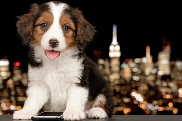 Puppy's nighttime joy: smartphone illuminates dark room. Puppy scene. Where energy meets ambition in today? urban hubs. Whimsical puppy. Top urban spaces.