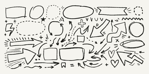 Crayon drawn arrows, scribbles, irregular text boxes.Vector oval, round, square shapes. Messy black sketch elements with funky lines, doodles. Highlighting comic background for planners,infographics. 