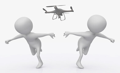 3D Figuren fliehen vor einer Drohne
