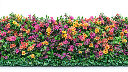 Bush or shrub wall in full bloom, filled with bright, vivid flowers isolated on white background