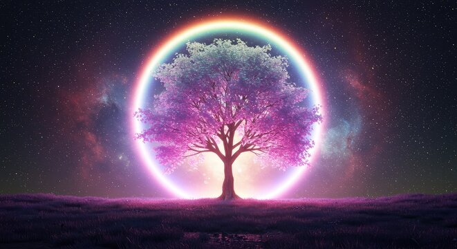 Enchanting cosmic tree bathed in rainbow aura under starry nebula, sparking wonder and imagination for fantasy art and spiritual concepts