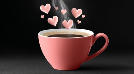 Cup of coffee with hearts floating above it. The coffee is hot and steam is rising from it. Concept of warmth and love