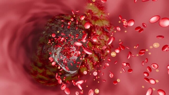 Detailed 3D visualization of vascular blockage caused by unhealthy eating habits, including fast food, sugary drinks, alcohol abuse, and trans fats, contributing to heart attacks and strokes.