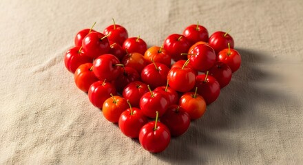 Heart shape made with fresh red acerola cherries on a textured fabric surface
