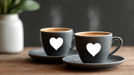 Two cups of coffee with hearts on them sit on a wooden table. The cups are filled with steam and the table is covered in a wooden surface. Concept of warmth and comfort
