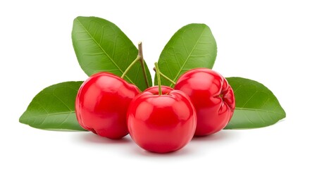 A group of three red acerola cherries with green leaves on a white background surface