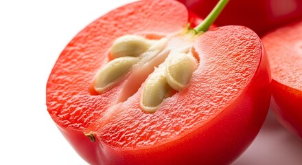 Close up view of a halved red pepper showing the seeds inside on a white background