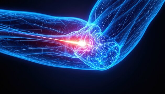 Elbow pain relief with stunning blue light therapy, a modern solution for joint discomfort and inflammation, offering hope and healing through science