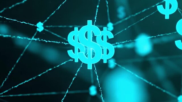 This abstract digital animation features glowing dollar currency symbols interconnected by a vibrant network of lines against a dark background, evoking concepts of global finance, digital economy, bl